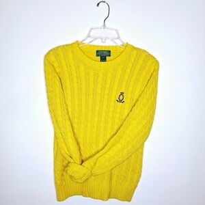 Lauren Ralph Lauren"Mello Yellow" Preppy cable knit sweater with Lauren crest.